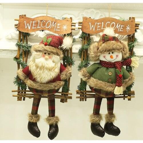 50cm Christmas Decoration Rattan Ring Wreath Door Hanging Plush Santa Claus Snowman Hangs Window Scene Set Party Supply