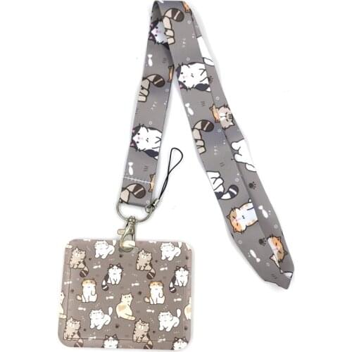 Grey Lovely Cute Cats Lanyard Credit Card ID Holder Bag Student Women Travel Card Cover Badge Car Keychain Decorations