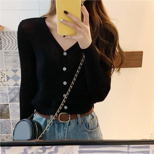 Women Solid Color Long Sleeve Button Down V Neck Ribbed Thin Blouse Cardigan