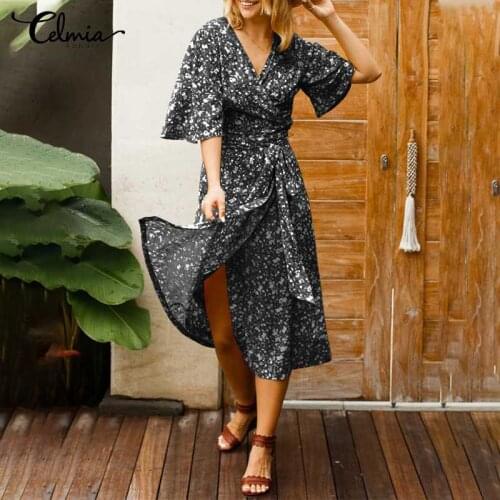 Dress Fashion 2021 Women Bohemian Floral Print Midi Sundress Celmia Sexy V-Neck Flare Sleeve Party Warp Vestido Belted Plus Size