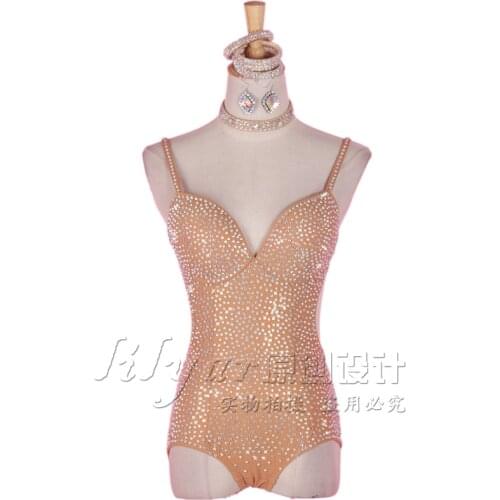 Women Latin Dance Salsa Dance Jumpsuit Nude Color Sling Backless Bottoming Clothing Full Diamond Sexy V-neck Jazz Dance Costume