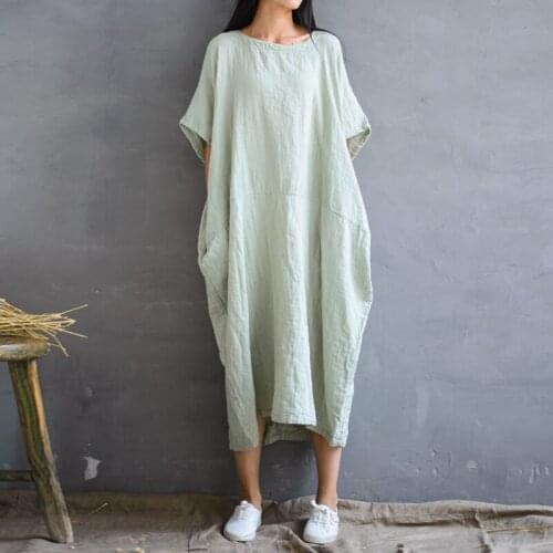 Female Retro Loose Batwing Sleeve Cotton Linen Breathable Long Dress Women Summer O-neck Pure Color Pocket Splice Dresses Robes