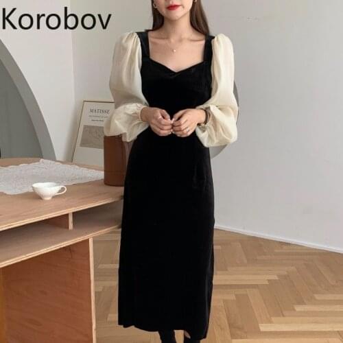 Korobov 2020 New Chic Square Collar Patchwork Elegant Dress Fashion Autumn Vintage Black Party Night Dresses Vestidos Femme
