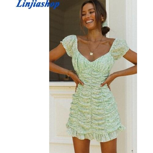 Vintage Floral Green Print Cotton Ruched Vestidos Summer Cap Sleeve Women Mini Dress Ruffles Dresses
