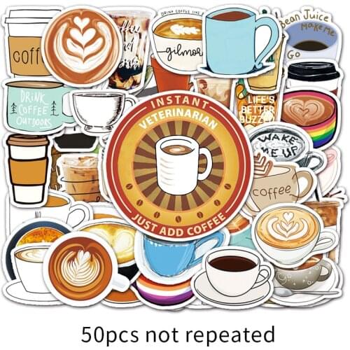 50Pcs Cute Coffee Stickers Vinyl Waterproof Stickers for Laptop Luggage Hydroflask Bike Skateboard Car DIY Graffiti Stickers