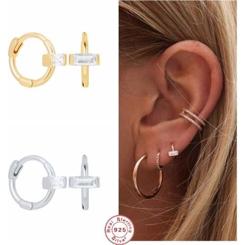 GS 925 Sterling Silver Small Rectangle Zircon CZ Hoop Earring Mini Circle Piercing Earring Ear Bone Earlobe Buckle For Women