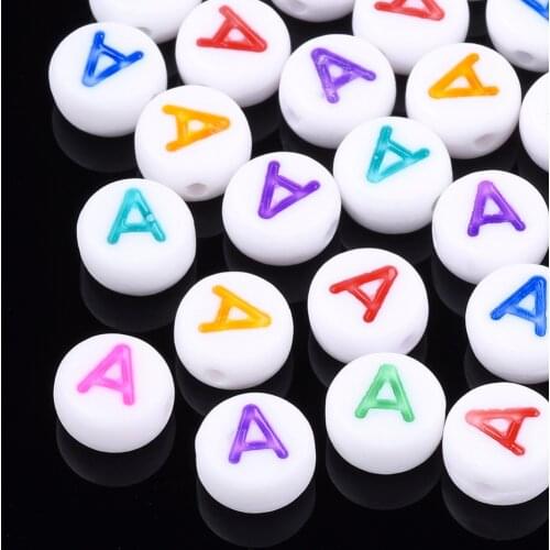 About 200pcs/50g Flat Round Alphabet Acrylic Beads Letters A to Z for jewelry making Accessories 7x4mm, Hole: 1.3mm