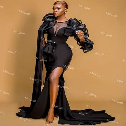 Aso Ebi African Black Mermaid Evening Dresses 2021 Sheer Neck Plus Size High Slit Prom Dress With Ruffles Sleeves Pageant Gowns
