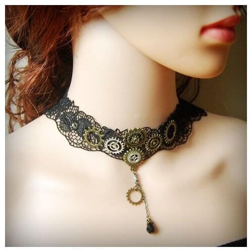 Halloween Steam Punk Gear Black Lace Chain Choker Necklace for Woman Decoration Fashion Charm Party Chokers Accessories