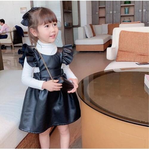 Toddlers Girls PU Leather Spring Summer Dresses Baby Girls Ruffle Sleeve Princess Cute Short Sleeve Dress