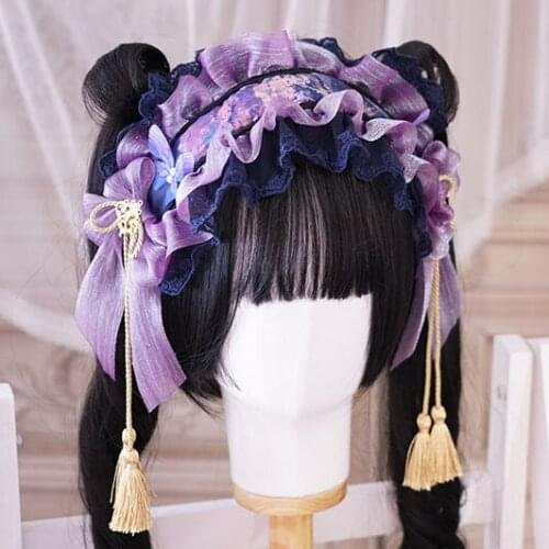 Night Blossom & Water Lights Handmade Headwear Bow Hairband Hair Ribbon Tassel Pendant Lolita Original Design Cute