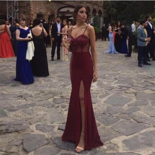 Illusion Burgundy Evening Dresses Spaghetti Straps Mermaid Style Long Women Formal Evening Party Dress Front Split Evening Gowns