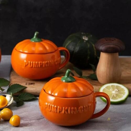Creative Pumpkin Coffee Mugs Ceramic Milk Cup With Lid Breakfast Oatmeal Yogurt Mug Funny Halloween Gifts For Kids 300/500/800ml