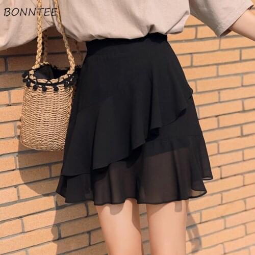 Mini Skirts Women Solid Chiffon Loose A-line Casual Student Elegant Streetwear Fashion Daily All-match Summer Breathable Ulzzang