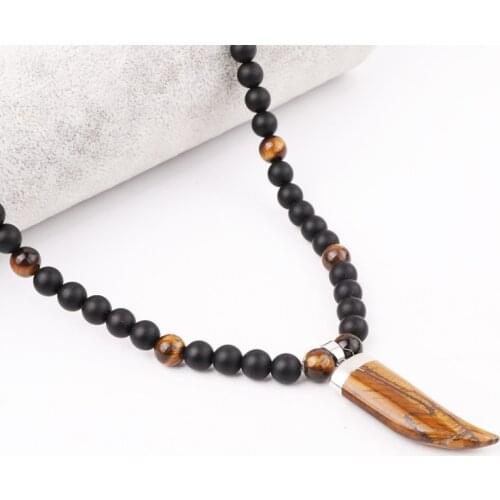 High Quality 24 Inches New Design Natural Stone Black Matte Onyx Tiger Eye Beads OX Horn Pendant Necklace For Men