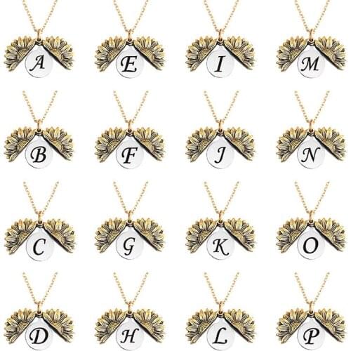 New Fashion Stainless Steel A-Z 26 Letter Alphabet Opening Sunflower Necklaces & Pendants for Women Charm Female Sweater Chain