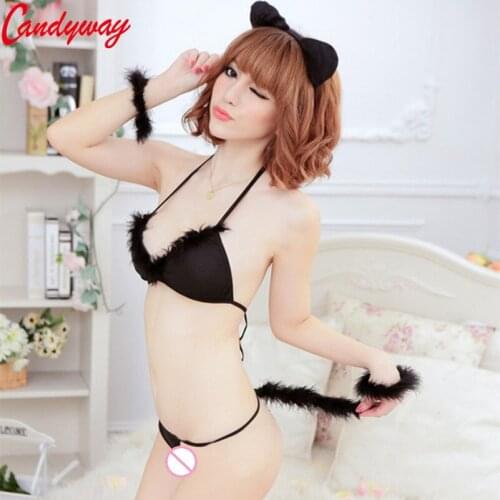 Bikinis Sexy Lingerie Set Bra Underpants with Cat-Tails decoration G-Strings Thongs Halter Design Distinctive Unique Style
