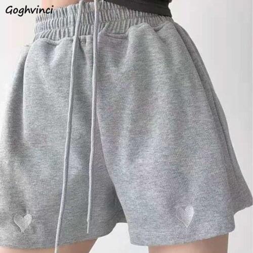 Shorts Women Summer Solid Heart-embroidered High Waist All-match Wide Leg Sweet Korean Style College Stretchy Female New Simple