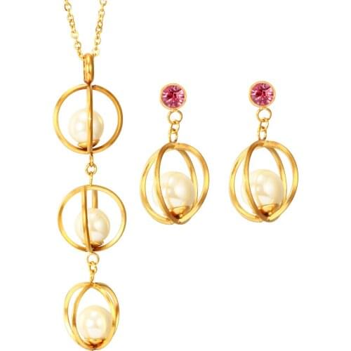 Ancient style long temperament palace lantern titanium steel pendant necklace simple pearl earrings set jewelry