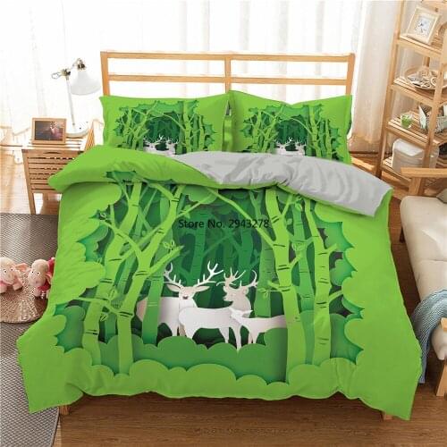 Happy Spring Cartoon Print Deer Kids Bed Cover Set Duvet Quilt Adults Kawaii Bedding Set with Pillowcases Comforter Bed Linens