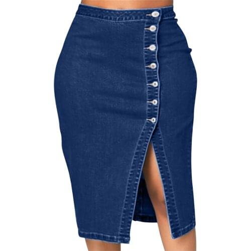Ladies denim button skirt Womens New Style Ripped Fashionable Sexy Button Long Retro Old Bag Hip Skirt Knee-Length skirt Bag