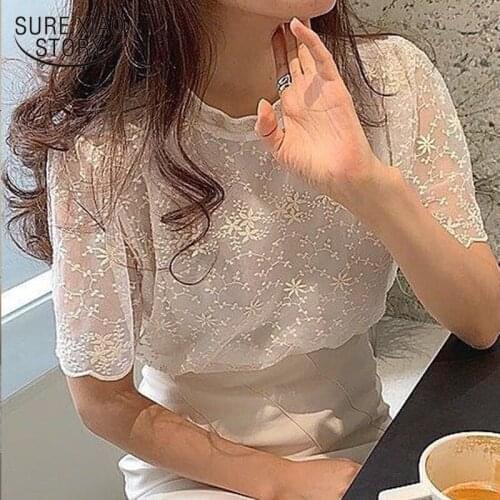 Summer Elegant Lace Tops Women Stand Collar Short Sleeve Fashion Shirts Flower Temperament Tee Slightly Transparent Blusas 14400