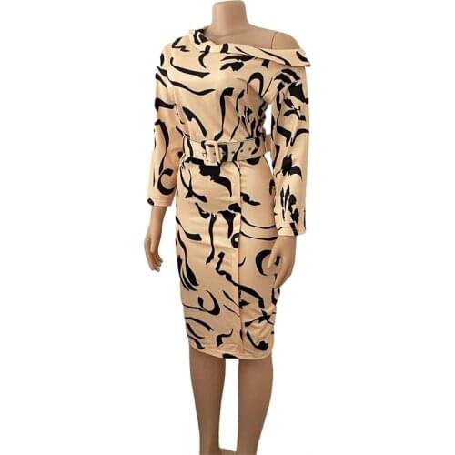 Women Print Dresses Elegant Office Ladies Long Sleeves Autumn Fashion With Waist Belt Classy Female Vestidos New Work Wear Lady