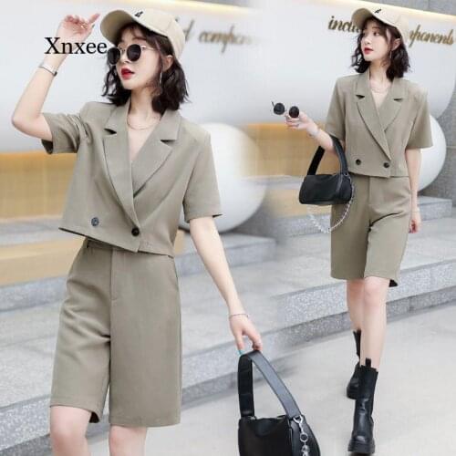 2021 Summer Short Sleeve Suit 2 Pieces Casual Blazer Shorts Solid Office Lady Single Button Coat Elegant Fashion Women Outfit