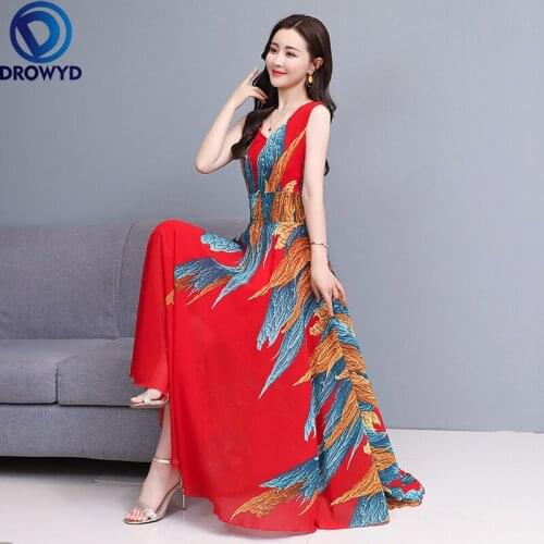 Womens New Summer Beach Maxi Dress Temperament Sleeveless Seaside Resort Long Chiffon Dress Fashion Sexy V-neck Party Dresses