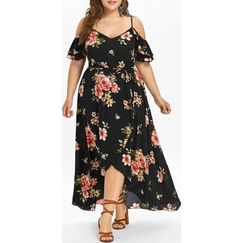 Large Size Ladies Floral Print Dress Flower Sling Strapless Dress Plus Size Women Casual Short Sleeve Cold Shoulder Dresses