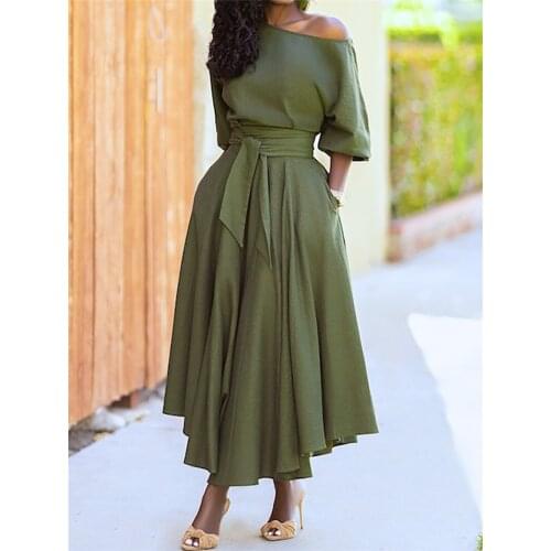 Women sexy one shoulder diagonal collar maxi dress with sashes Green black wine red sukienka summer night club party dresses