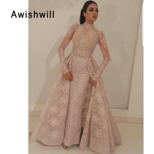 Robe de soiree Muslim Evening Dress 2020 Mermaid High Collar Elegant Long Sleeves Lace Dubai Saudi Arabic Long Evening Gown