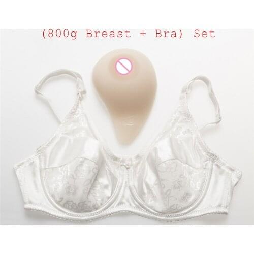 800g/pair Classic Curved White Silicone Breast Form+Sexy Lace and Satin Pocket Bra) Crossdressers Silicone Boobs With Bra Set