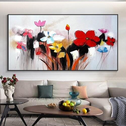 Abstract Red Yellow Blue Flowers Oil Painting 100% Hand Painted On Canvas Modern Wall Art Painting For Living Room Home Decor