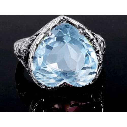 Aquamarine Gemstone Vintage Rings for Women Blue Gem Stone Heart Ring 925 Sterling Silver Anniversary Gift Retro Fine Jewelry