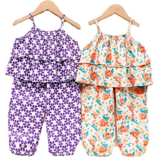 Childrens Suit Girls' Suit Casual Top And Shorts Two Piece Suit Girls' Floral Sling Childrens Suit Sling Top + Trousers Two