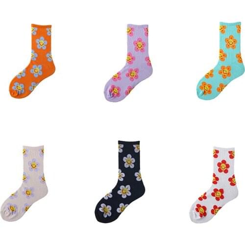 Cotton Casual Korean Style Women Socks Breathable Happy Skateboard Streetwear Cartoon Flower Tube Stockings