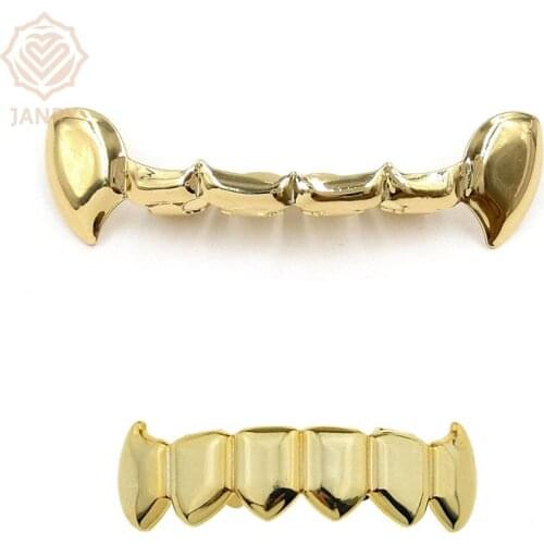 JANRY Teeth Grillz Vampire Hollow Fangs Top & Bottom Gold HIP Hop Teeth Grills Sets For Men Women