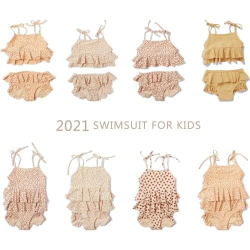 2021 New Summer Baby Girls Bikini Swimsuits Floral Printed Ruffles Off Shoulder Jumpsuits Vacation Beach Clothes Kids Swimwear