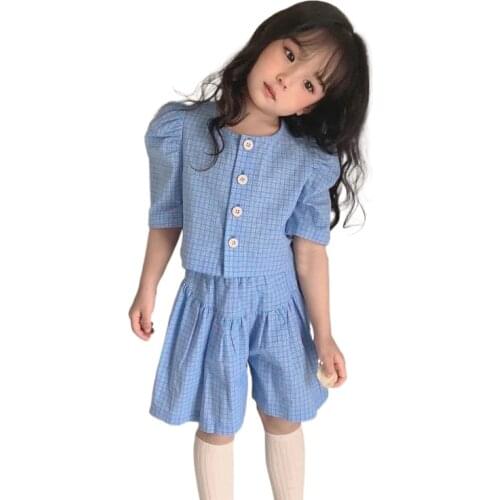 Baby Girls Clothes Sets Summer Puff Sleeve Tops Tees and Wide Leg Shorts Orange Green Sky Blue Kids Childrens Clothing Suit