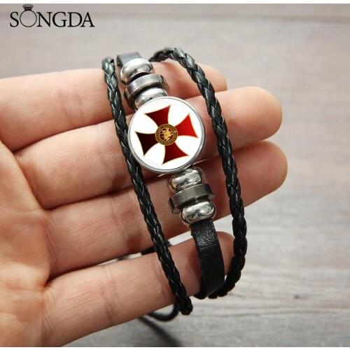 Hot Knights Templar Cross Bracelet Crusader Solomon Masonic Sign Glass Buckle Bracelet Medieval Signet Mens Wrist Jewelry