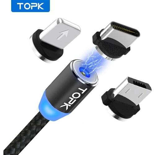 TOPK AM23 1M LED Magnetic Cable & Micro USB Cable & USB Type C Cable Nylon Braided Type-C Magnet Charger Cable for iPhone Xs Max