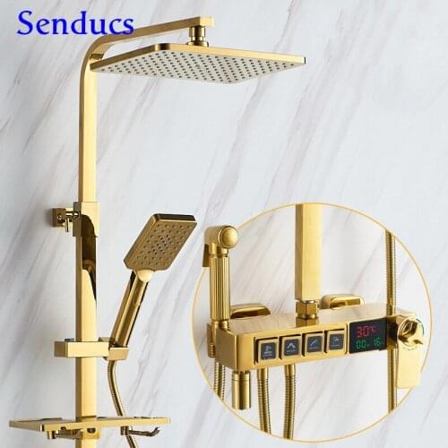 Gold Thermostatic Shower Set Quality Brass Waterfall Bathroom Digital Shower Set Matte Black Gold Bathroom Faucet 4 Water Modes