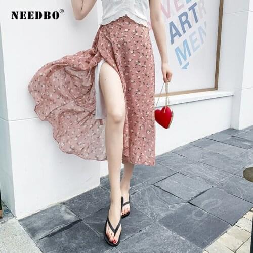 NEEDBO Fashion Chiffon Midi Skirt Summer Floral Irregular Casual Women Skirt Long Elegant Sexy Split Wrap Skirt Ladies Skirts