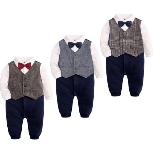 Baby Boys Gentleman Clothes Formal Cotton Outfit Tuxedo Rompers Sets Fashion Plaid Vest Bowtie Wedding Suit Newborn Boy Clothing