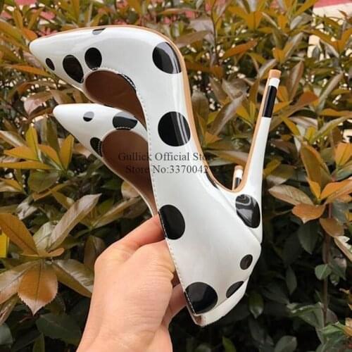 Sexy Black Dot Print High Heel Pumps White Patent Leather Pointed Toe Stiletto Heels Dress Shoes 12cm 10cm Shallow Party Shoes