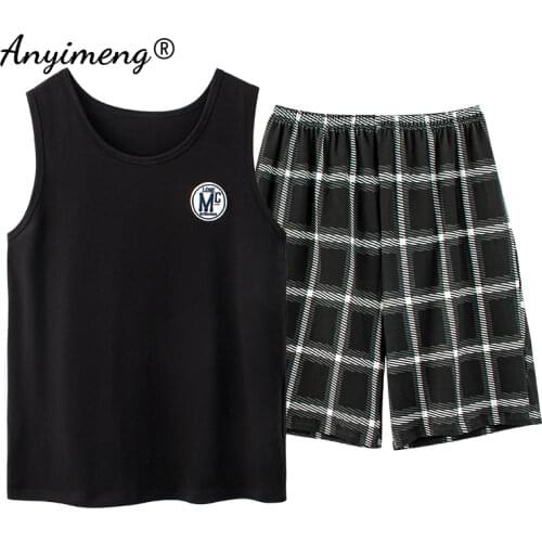 Fashion Pajama Set Men Summer Shorts Plaid Bottom Sleeveless Vest Two Pieces Men Nightwear Sporty Embroidery Badge Cool Pajamas