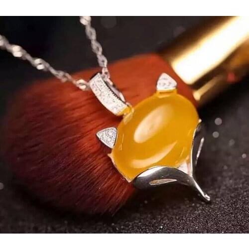 Natural yellow chalcedony pendant S925 silver Natural gemstone Pendant Necklace trendy Elegant cute fox women girl party jewelry