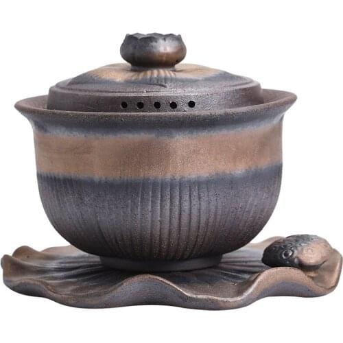 Retro Ceramic gaiwan tea cup handmade tureen lid bowl chinese tea bowl saucer Jingdezhen tea set drinkware Personal Cup