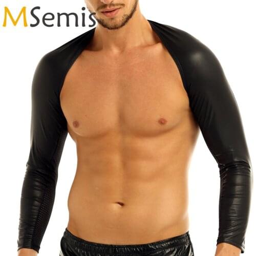 MSemis Sexy Lingerie Clubwear Men Faux Leather Top Hot Bondage T-Shirts Gay Leather Harness Arm Warmers Mens Costumes